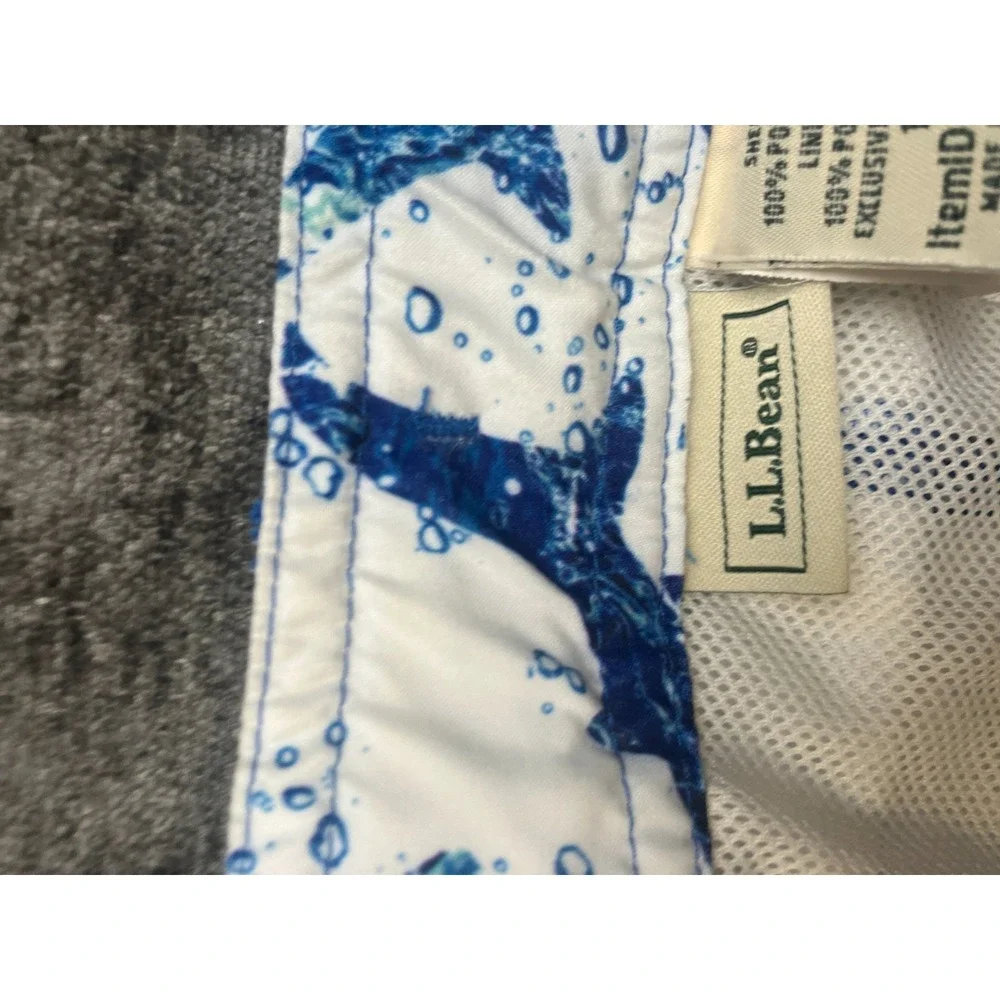 L.L. Bean Swim Trunks Boys 18 White Blue Shark Print Beach Wear Drawstring Waist